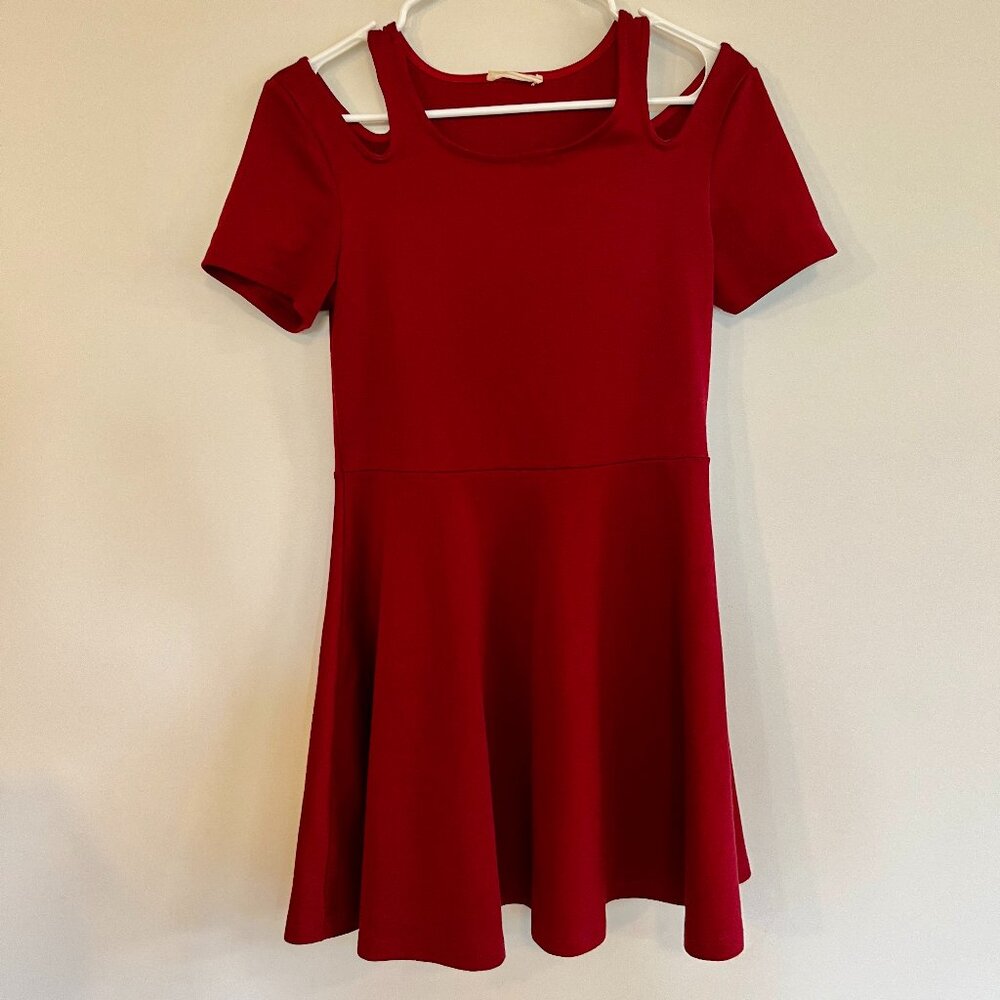 I JOAH Red Skater Short Flowy Cold Shoulder Dress